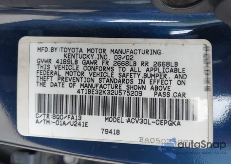 2002 Toyota Camry Xle из США, поврежденный, VIN 4T1BE32K32U575209